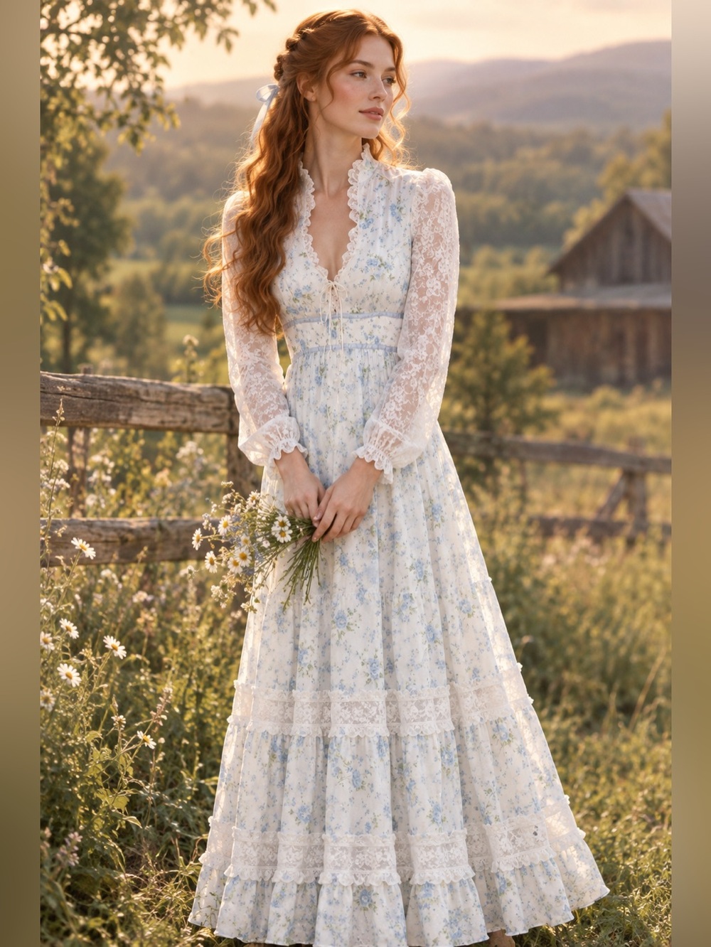 Vintage 1970’s Gunne Sax Prairie Dress Maxi Ivory Blue Floral Size 5 (Fits XS)